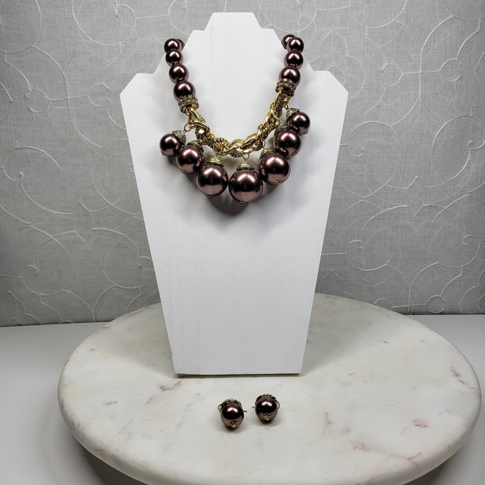 Pearl Statement Necklace & Acorn Earrings Set Metallic Purple Beaded Chunky Ball